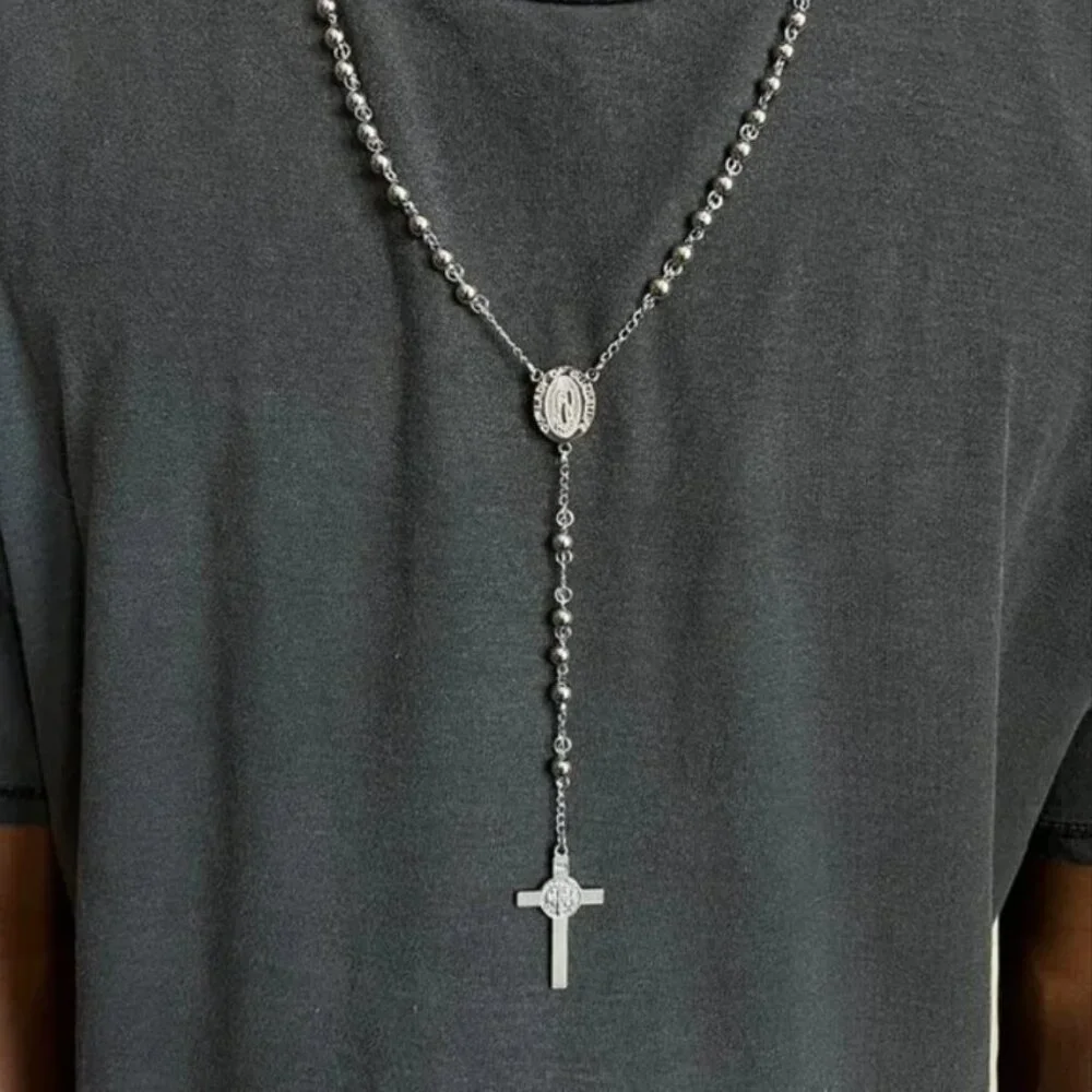 y2k 2000s chrome silver rosary bead necklace